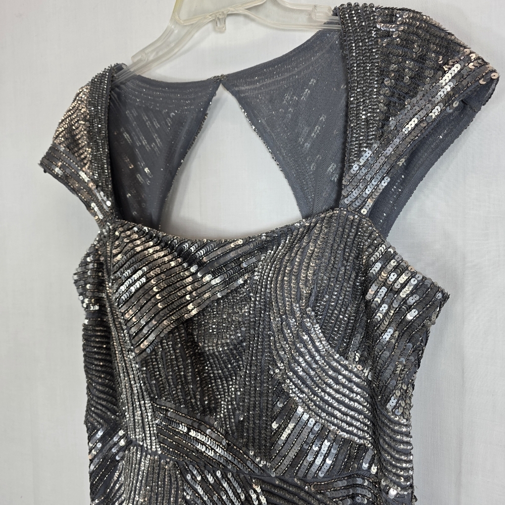 Adrianna Papell Art Deco Sequin Gown Silver Grey Prom Formal Size 16 - Picture 3 of 14